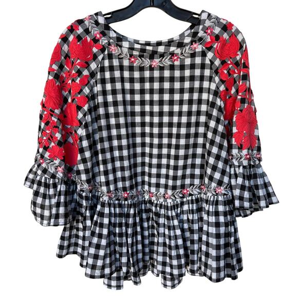 Anthropologie Pankaj & Nidhi Gingham Peplum Floral Applique Blouse size M - Picture 1 of 13